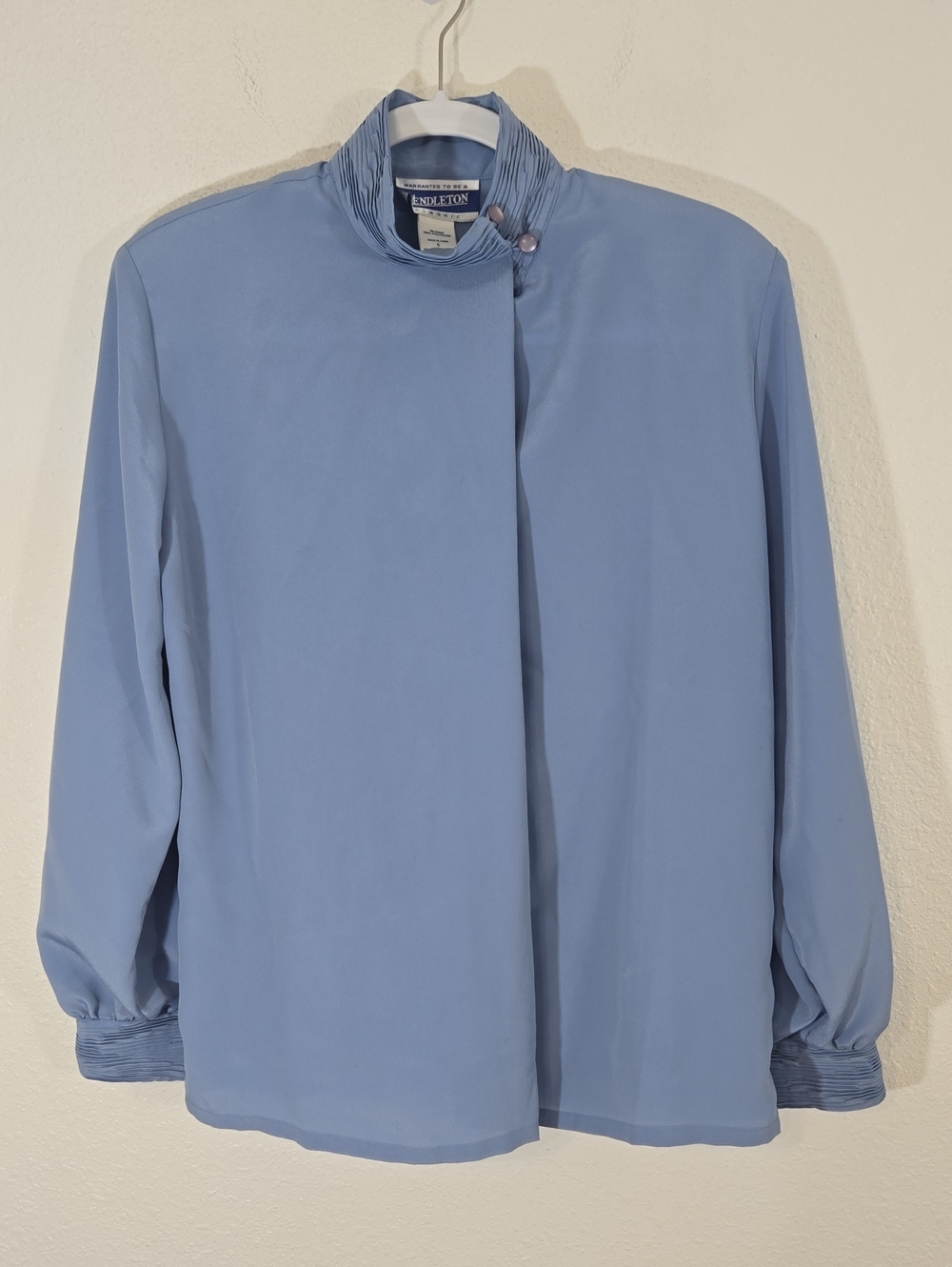 Pendleton Light Blue Long Sleeve High Neck Pleated Blouse Office Church, size 6